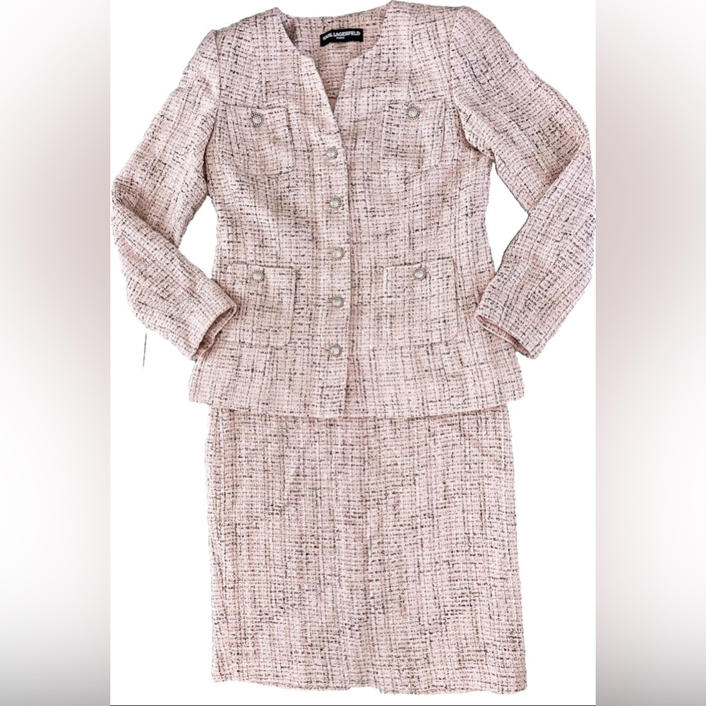 KARL LAGERFELD Paris Tweed Suit Set Women’s 8 Pink Blazer Jacket + Pencil Skirt